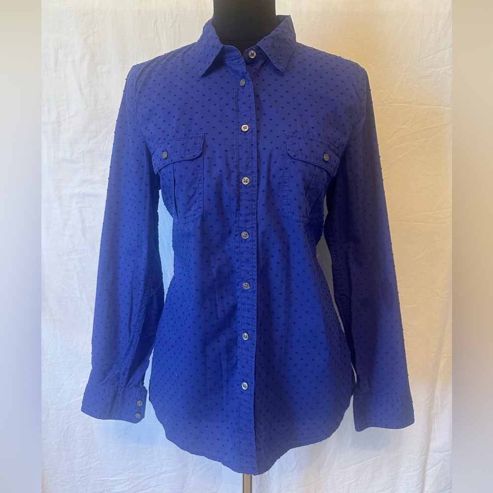 Gap Fitted Boyfriend Shirt Blue Swiss Dot Button Front Top Size M